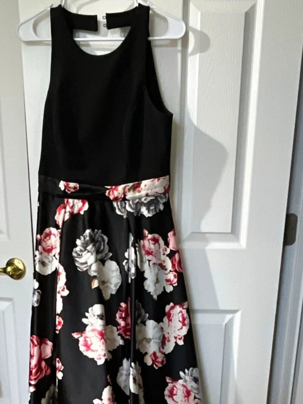 Share Nicole Miller New York Black Floral Fit & Flare Hi-Low Round Neck Dress